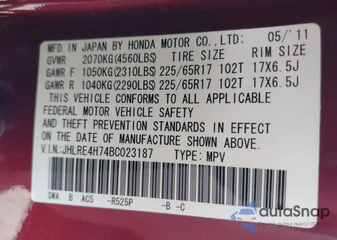2011 Honda Cr-V Ex-L from USA, damaged, VIN JHLRE4H74BC023187